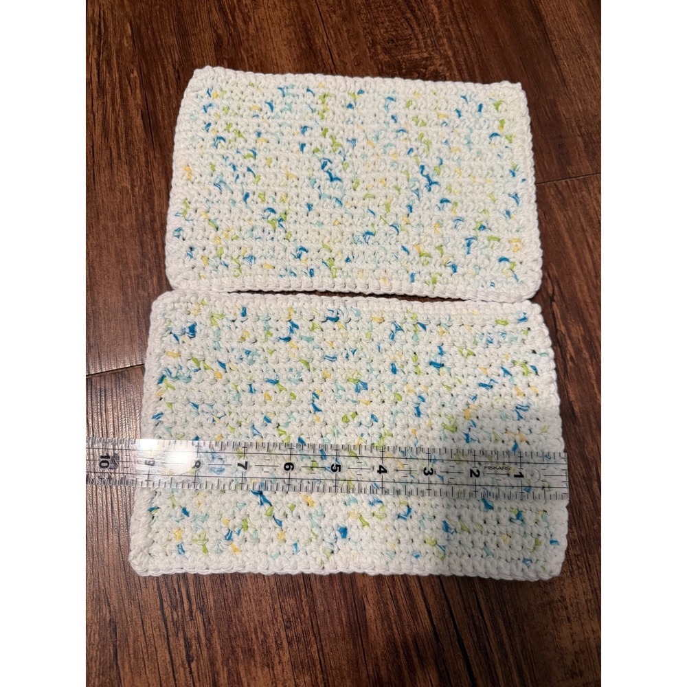 Hand Crocheted Dishcloths Set of 2 White Speckled Blue Green Yellow Hot Pads New